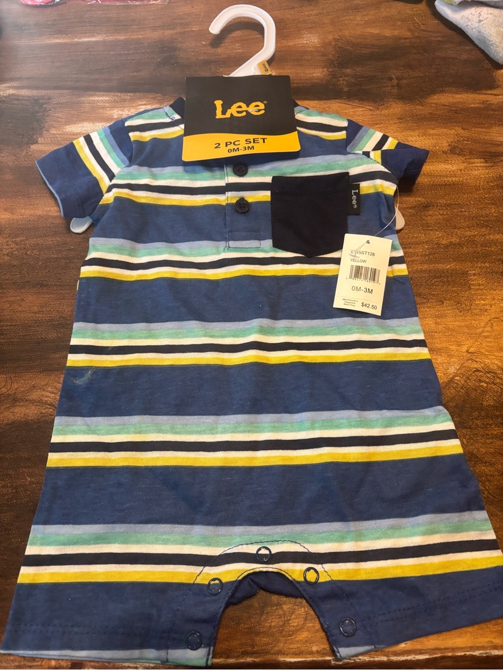 Lee Navy, Yellow & Light Green Striped Short Sleeve Romper size 0-3 months new